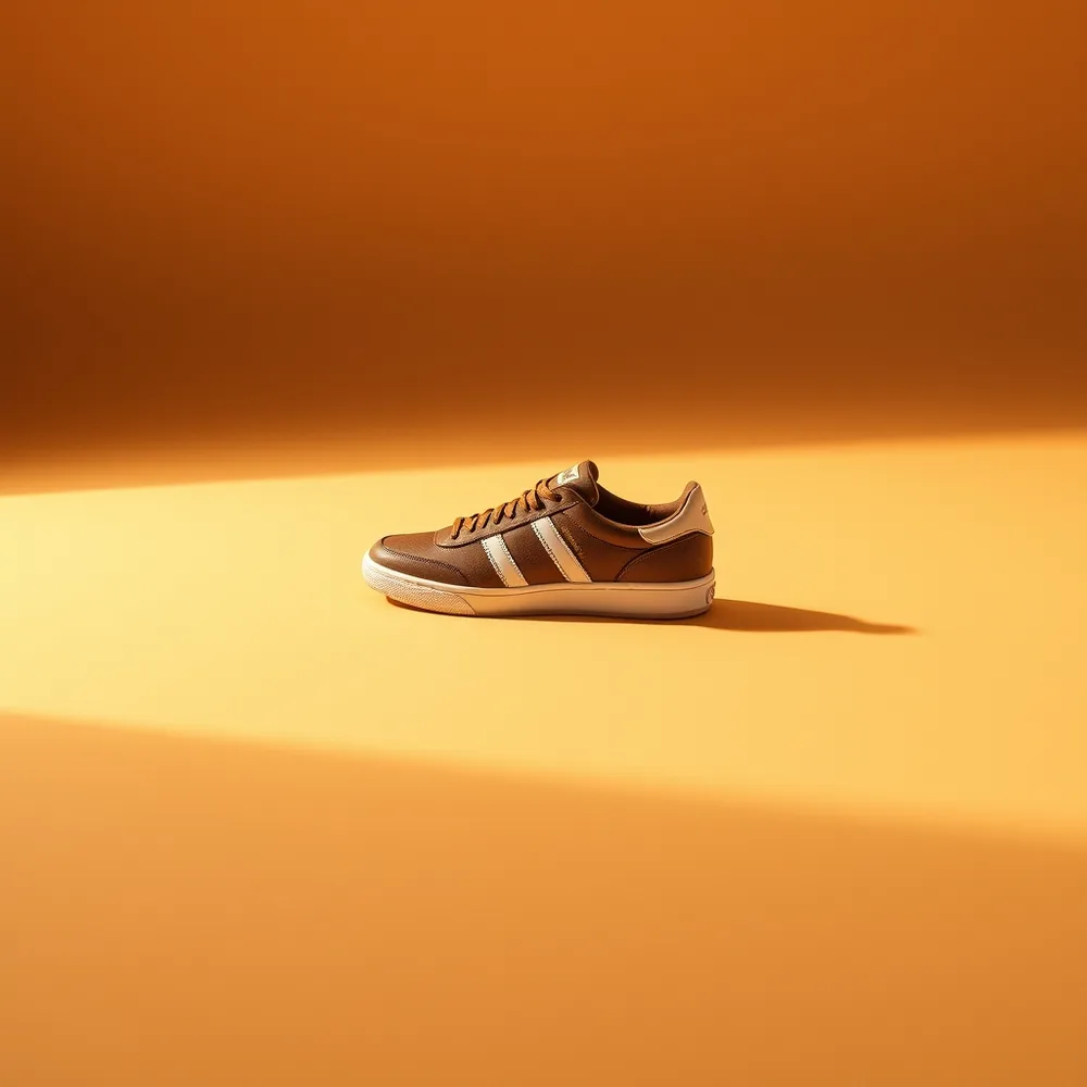 Basket Azur, chaussure homme coloris marron, présentée sur fond crème chaud