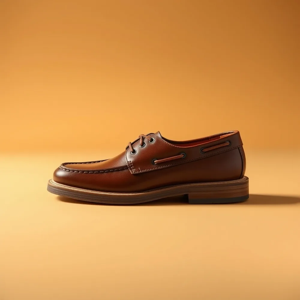 Marin Deauville, chaussure bateau homme coloris marron, présentée sur fond crème chaud