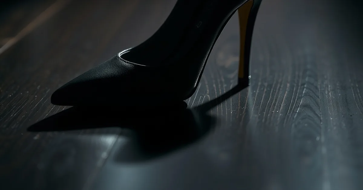 Un escarpin en cuir noir à talon fin posé sur un sol sombre, éclairage cinématographique en clair-obscur.
