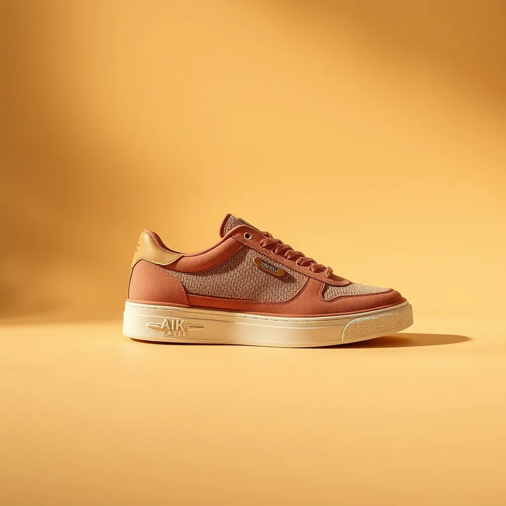 Blanche Atlas, chaussure blanche homme coloris sable, présentée sur fond crème chaud