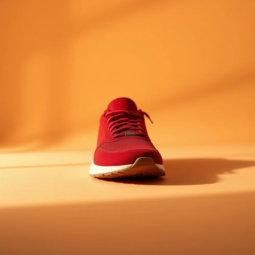 Blanche Perle, chaussure blanche coloris rouge, présentée sur fond crème chaud