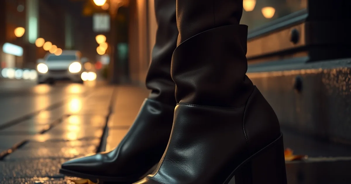 Bottines pointed-toe en cuir marron chocolat posées sur un trottoir sombre et humide, éclairées par une lumière de rue chaude, ambiance automnale cinématique