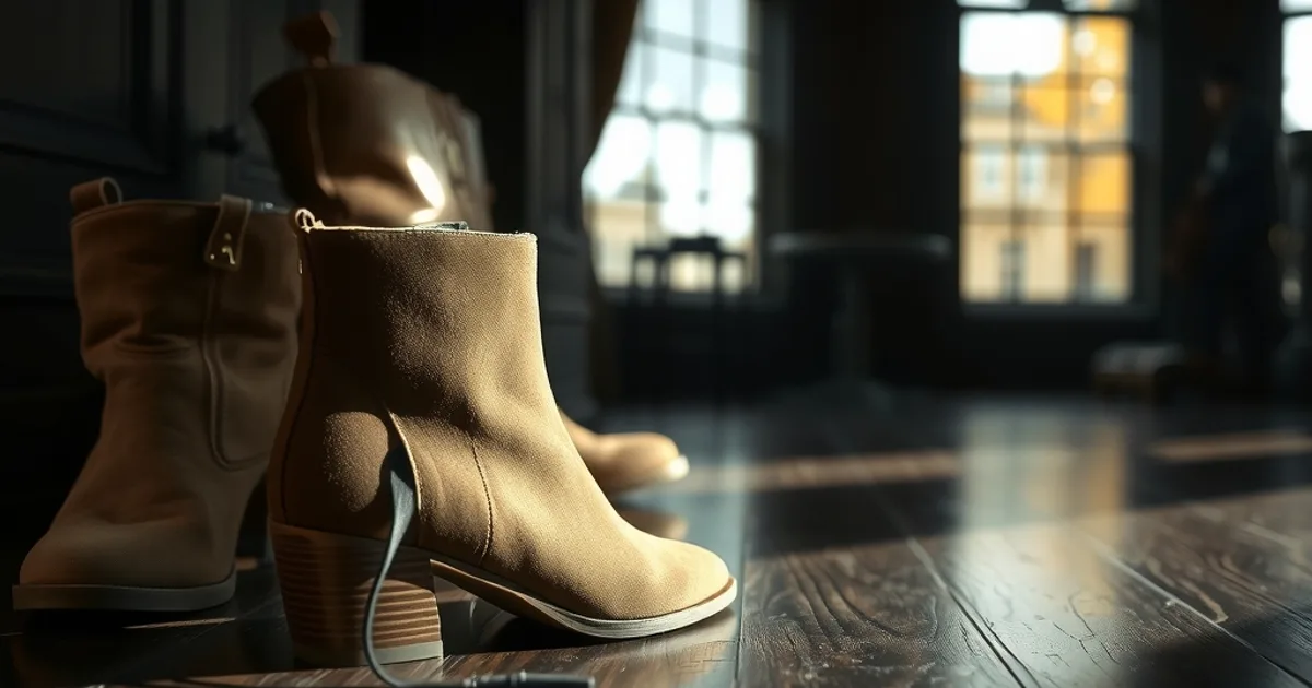 Bottine en cuir velours taupe posée sur un parquet sombre, lumière d'automne feutrée, mise en scène élégante