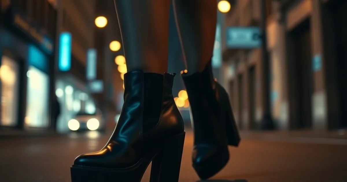 Femme marchant avec assurance dans des bottines à plateforme noires, éclairage urbain nocturne dramatique