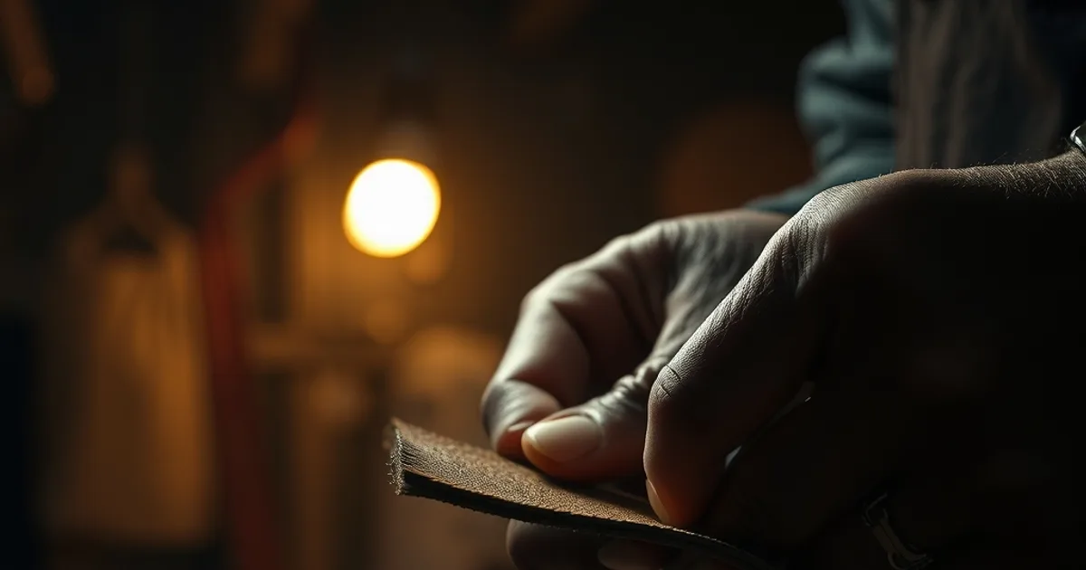 Gros plan sur des mains examinant la tranche fibreuse d'un cuir véritable sous une lumière chaude, dans un atelier sombre et feutré.