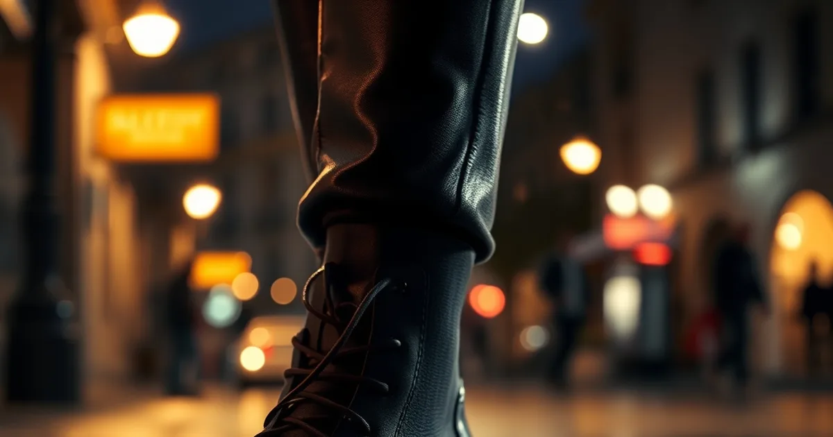 Chelsea boot en cuir marron foncé sous la pluie, gouttes d'eau perlant sur le cuir imperméabilisé, ambiance nocturne d'automne