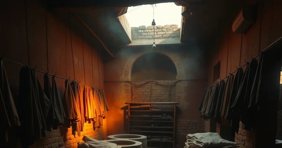 Bassins de teinture en pierre d'une tannerie marocaine traditionnelle, cuirs tannés suspendus dans une lumière chaude et dramatique.