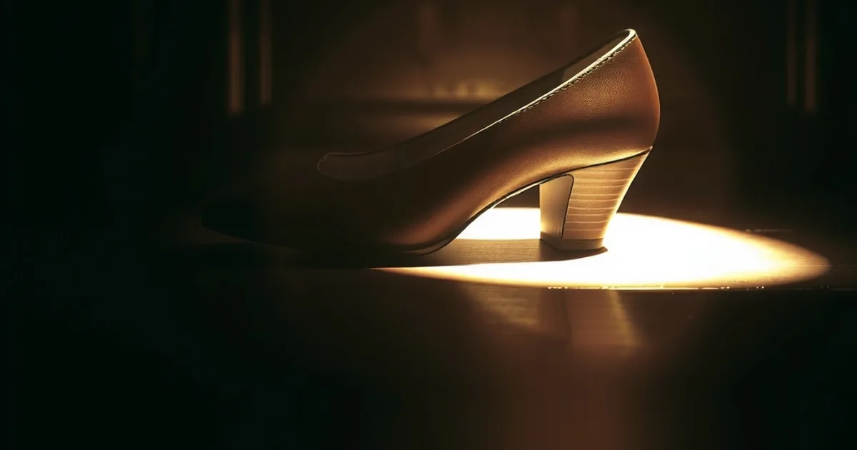 Gros plan élégant sur une chaussure en cuir femme éclairée par une lumière chaude sur fond sombre