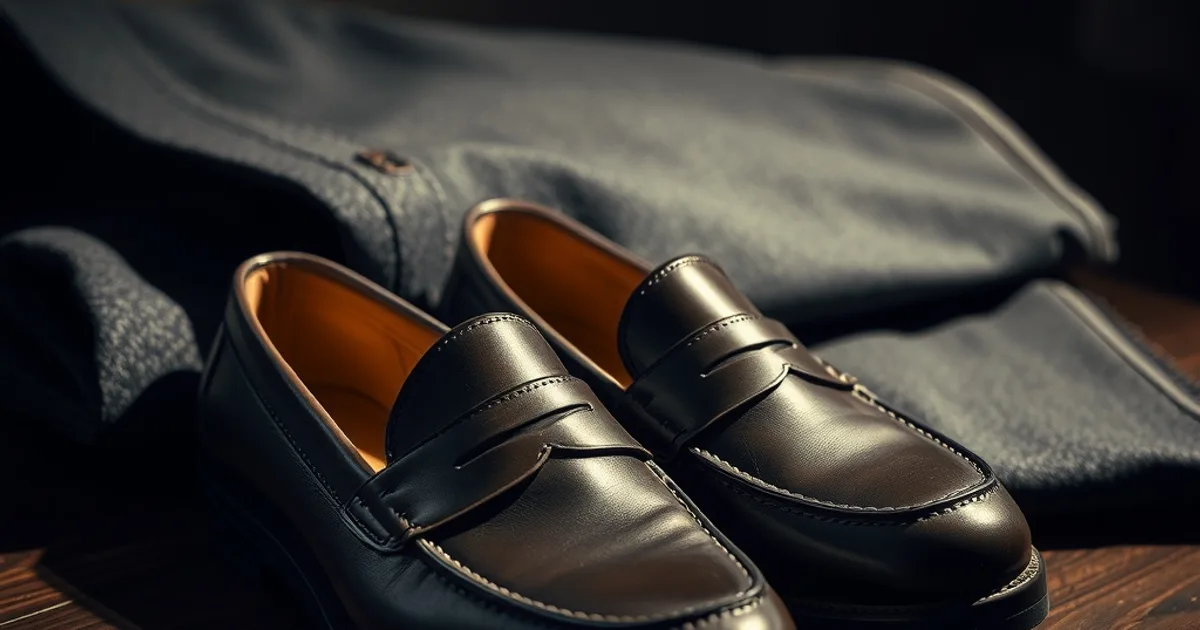Paire de mocassins en cuir marron foncé à la largeur généreuse, posée sur un bureau en bois dans une lumière tamisée et cinématographique