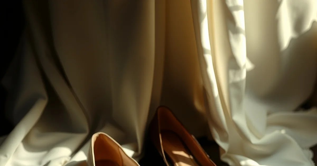 Ballerines et kitten heels en cuir nude posées près d'une robe de mariée sur parquet sombre, éclairage dramatique