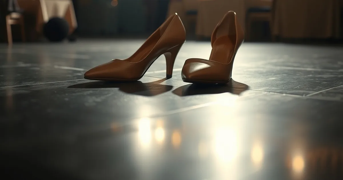 Escarpins à talon kitten en cuir véritable posés sur un parquet sombre de salle de réception, éclairés par une lumière chaude tamisée.