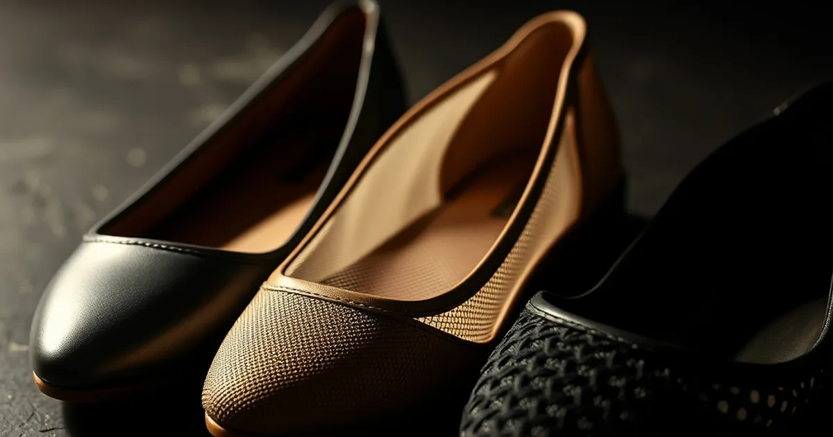 Trois paires de ballerines en cuir, mesh et crochet mises en scène dans une lumière sombre et cinématographique