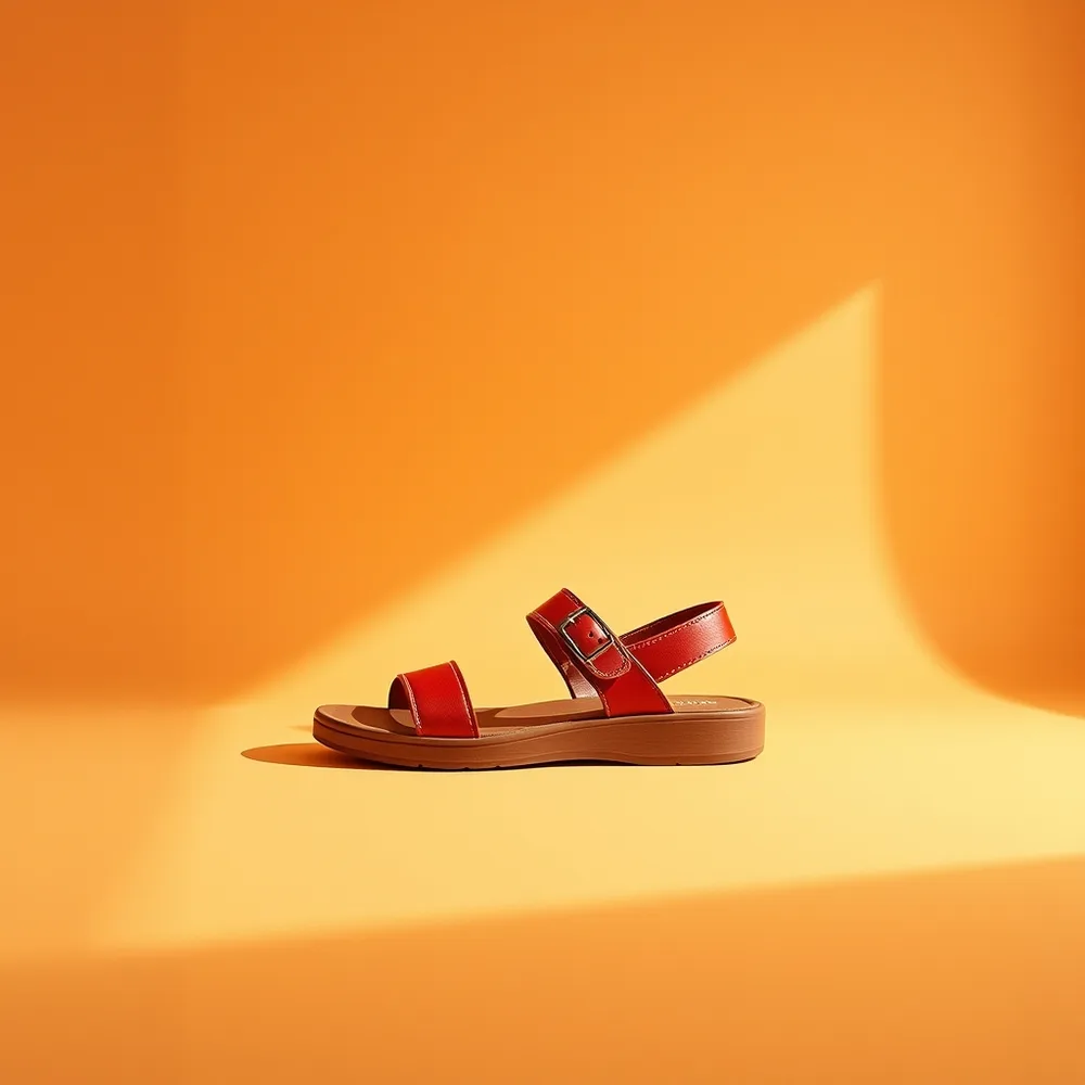 Compensée Été, chaussures compensées femme coloris rouge, présentée sur fond crème chaud