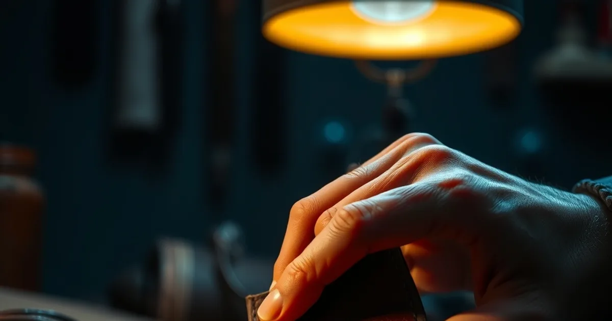 Main examinant de près le grain d'un cuir sombre sous une lumière chaude et dramatique, dans un atelier