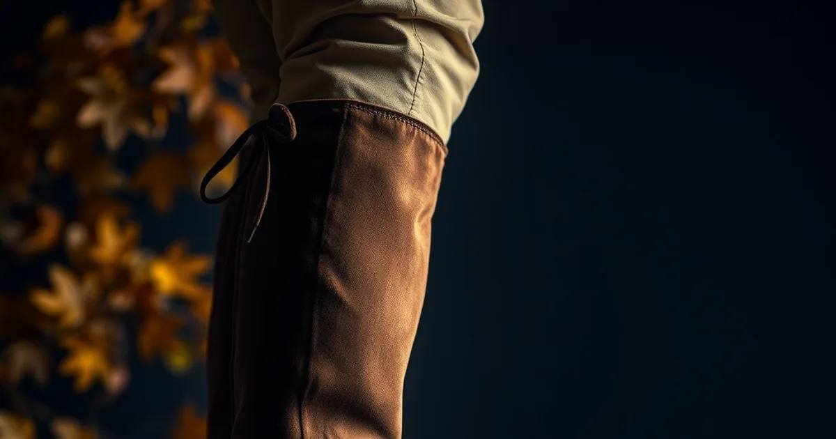 Gros plan sur une cuissarde en daim marron chocolat portée sur une jambe, éclairage latéral chaud et ambiance sombre automnale