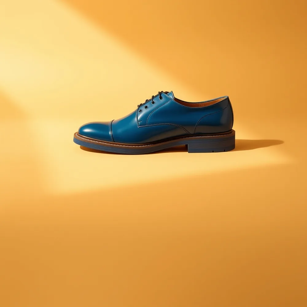 Derby Faubourg, chaussure homme habillé coloris bleu, présentée sur fond crème chaud