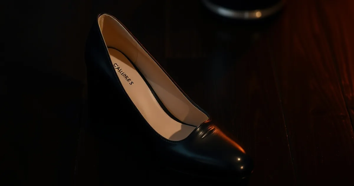 Escarpin en cuir souple à talon large posé sur un parquet sombre, éclairage cinématographique premium