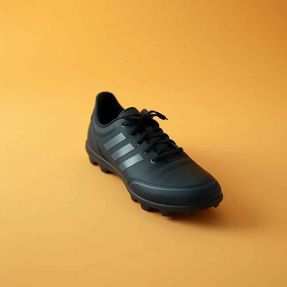 Foot Légende, chaussure de foot coloris noir, présentée sur fond crème chaud
