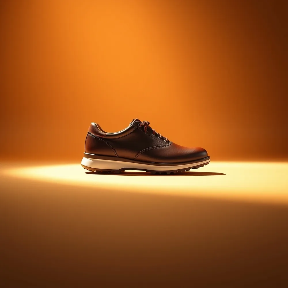 Golf Classic Femme, chaussure de golf coloris marron, présentée sur fond crème chaud