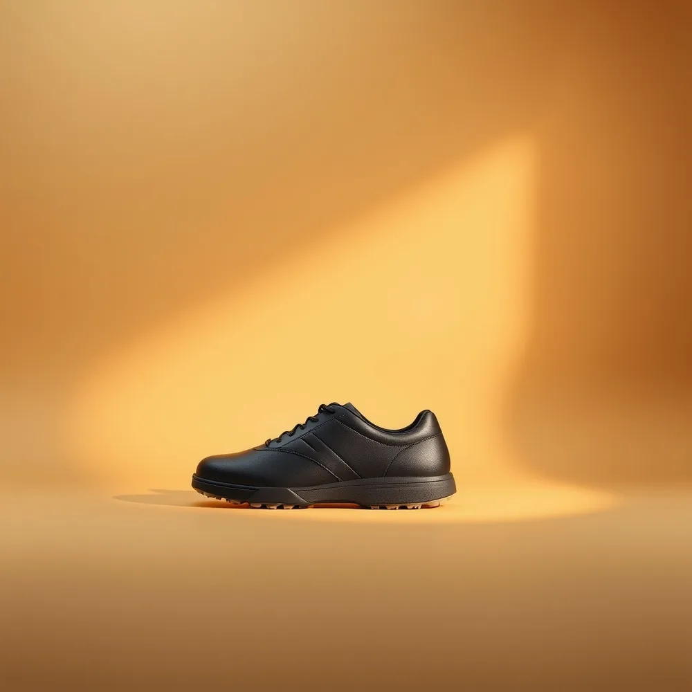 Golf Classic Femme, chaussure de golf coloris noir, présentée sur fond crème chaud