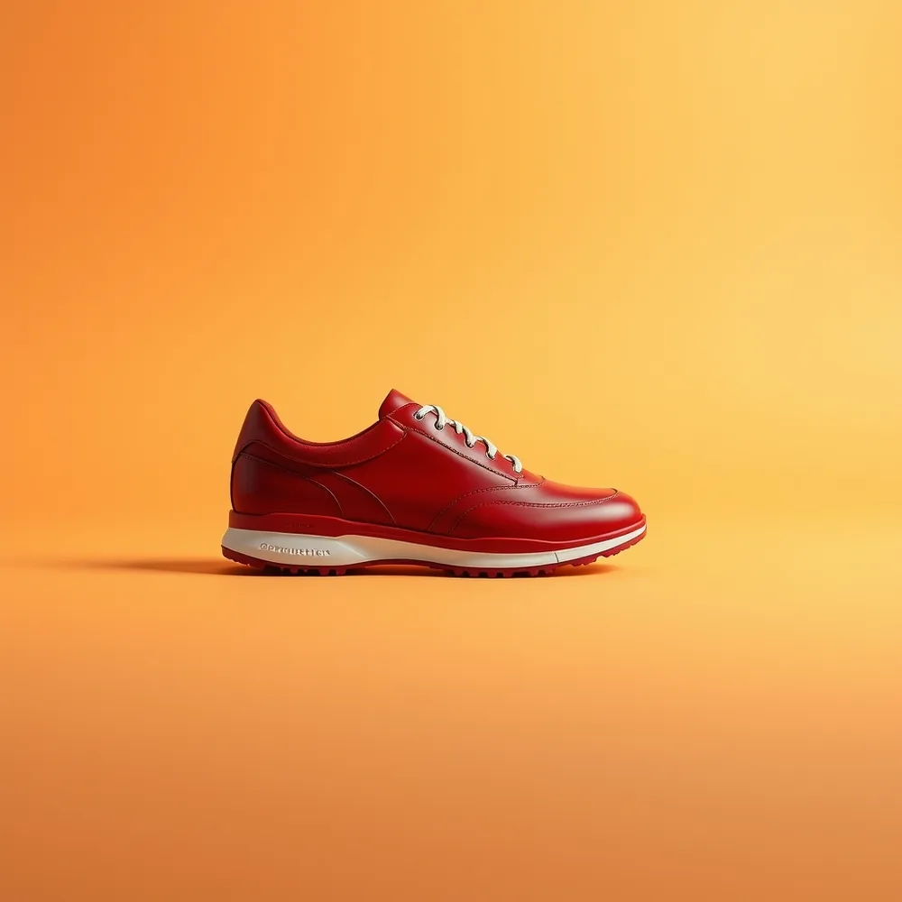 Fairway Homme, chaussure de golf coloris rouge, présentée sur fond crème chaud