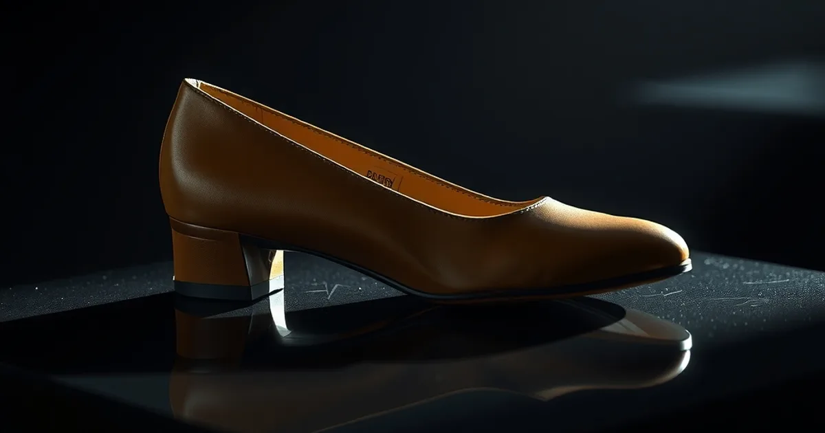 Escarpin kitten heel en cuir camel, talon bas et bout amande, éclairé en clair-obscur sur fond sombre, ambiance automne
