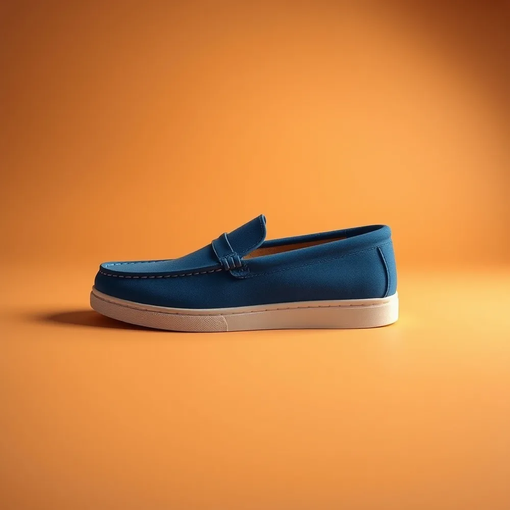 Mocassin Orient, chaussure femme coloris bleu, présentée sur fond crème chaud