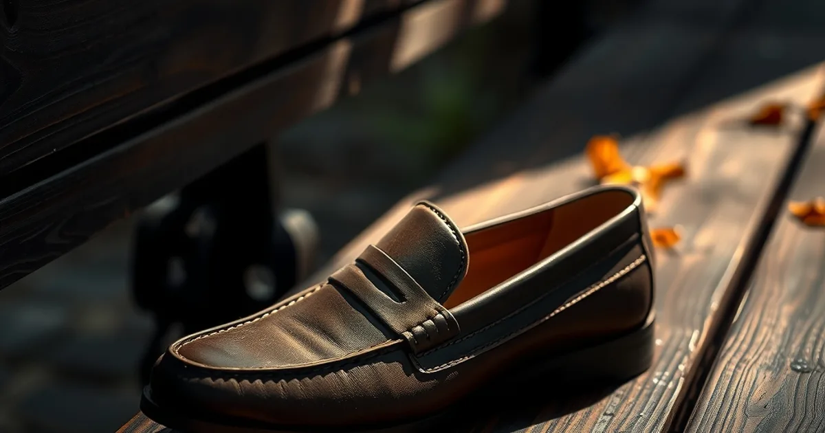 Un mocassin en cuir chocolat posé sur un banc en bois, entouré de feuilles d'automne, dans une lumière tamisée évoquant la transition été-automne