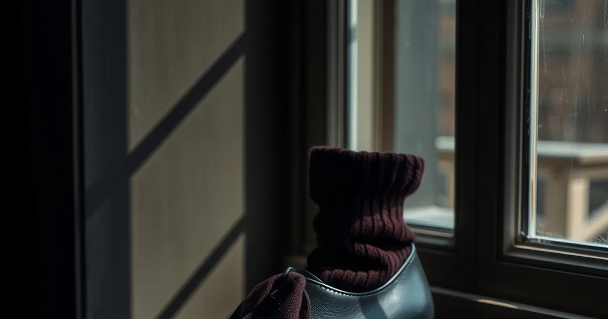 Chaussure en cuir à talon kitten heel, bout arrondi, posée sur une surface sombre dans une lumière d'automne tamisée