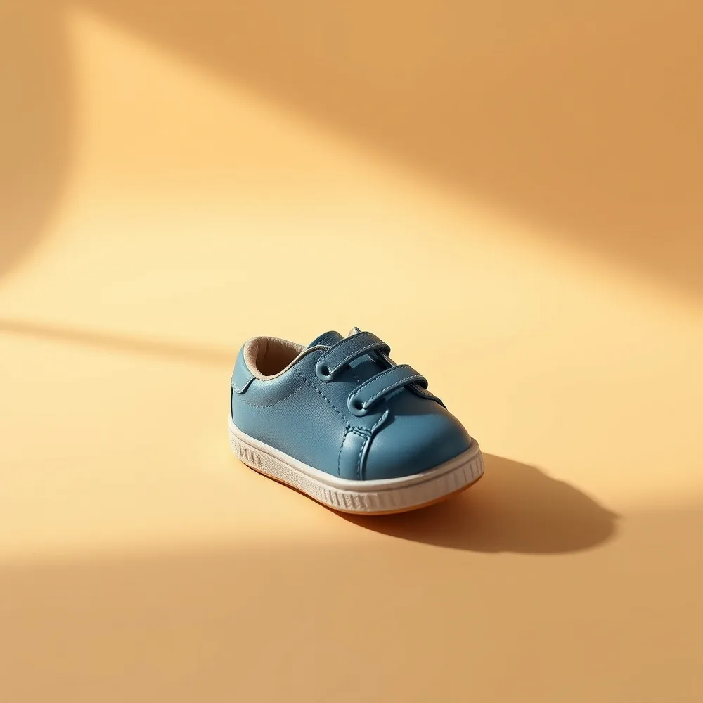 Premiers Pas, chaussure bebe souple coloris bleu, présentée sur fond crème chaud