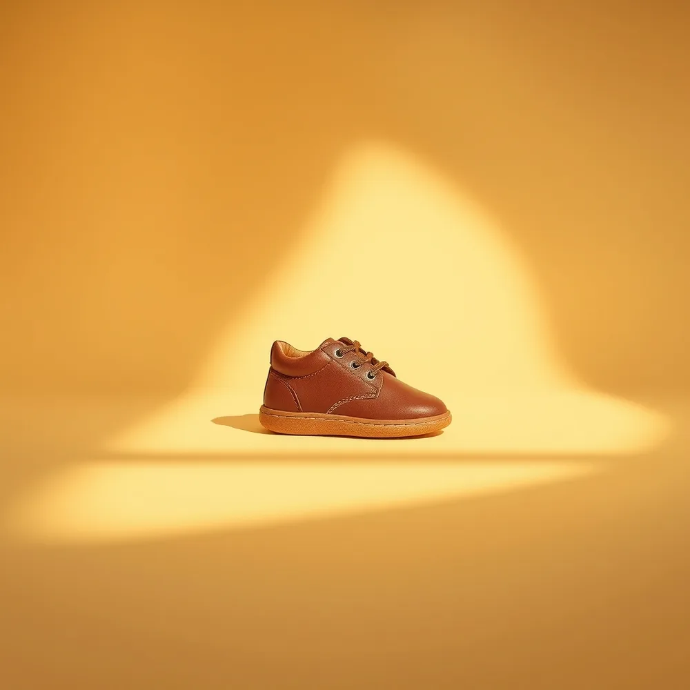 Premiers Pas, chaussure bebe souple coloris marron, présentée sur fond crème chaud