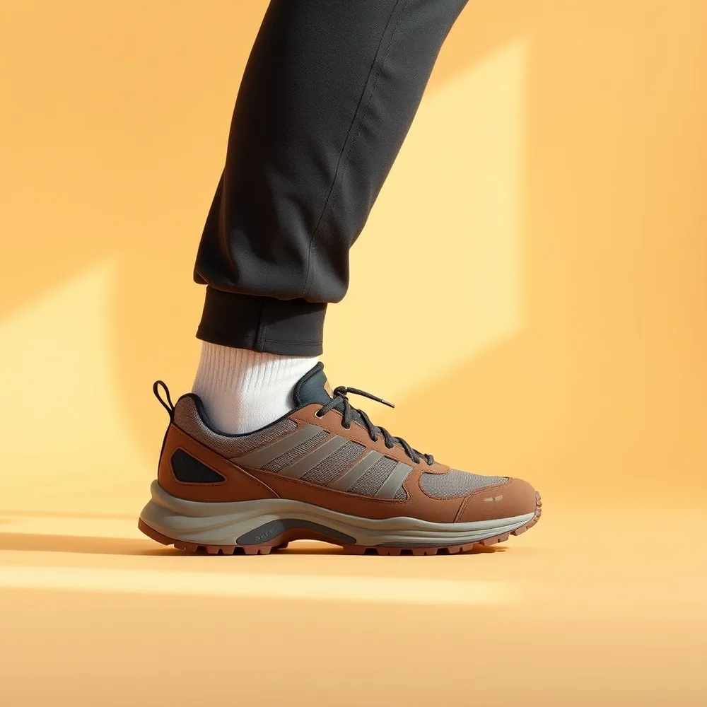 Atlas Trek Homme, chaussure randonnée coloris sable, présentée sur fond crème chaud