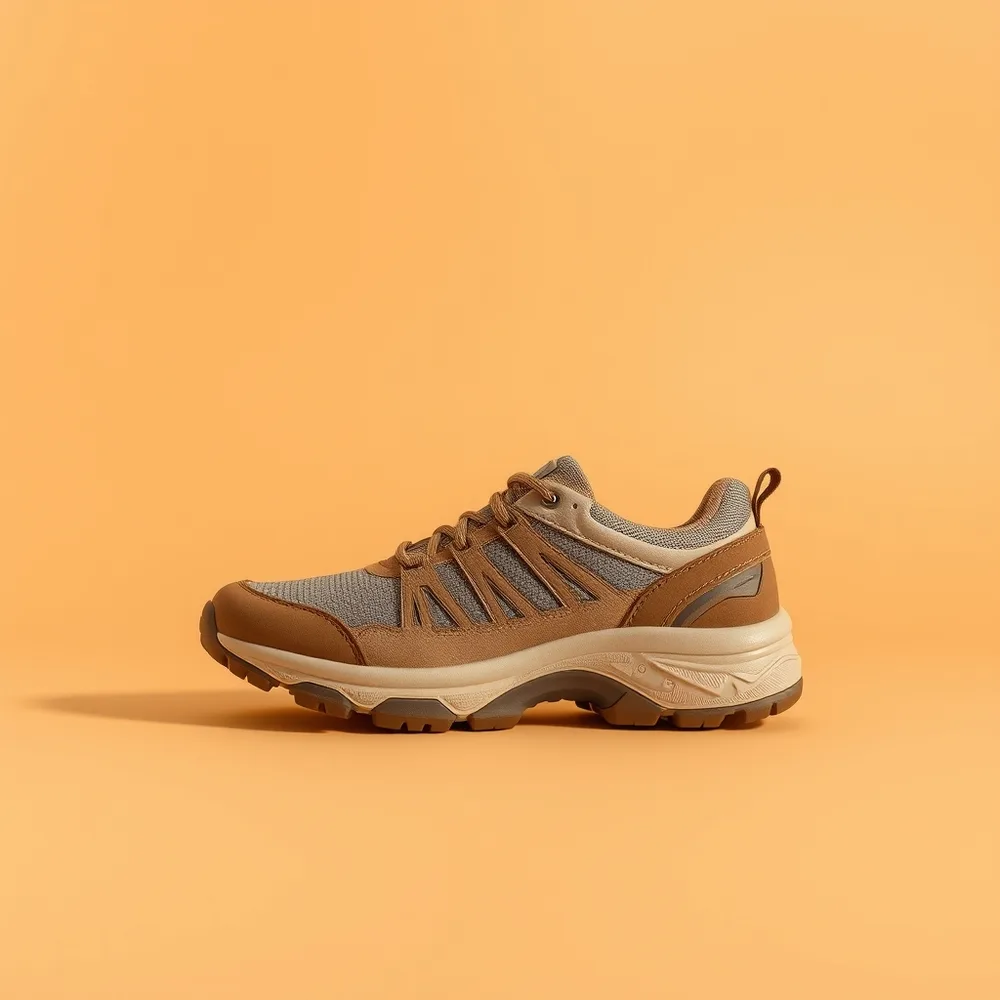 Rando Légère Femme, chaussure randonnée coloris sable, présentée sur fond crème chaud