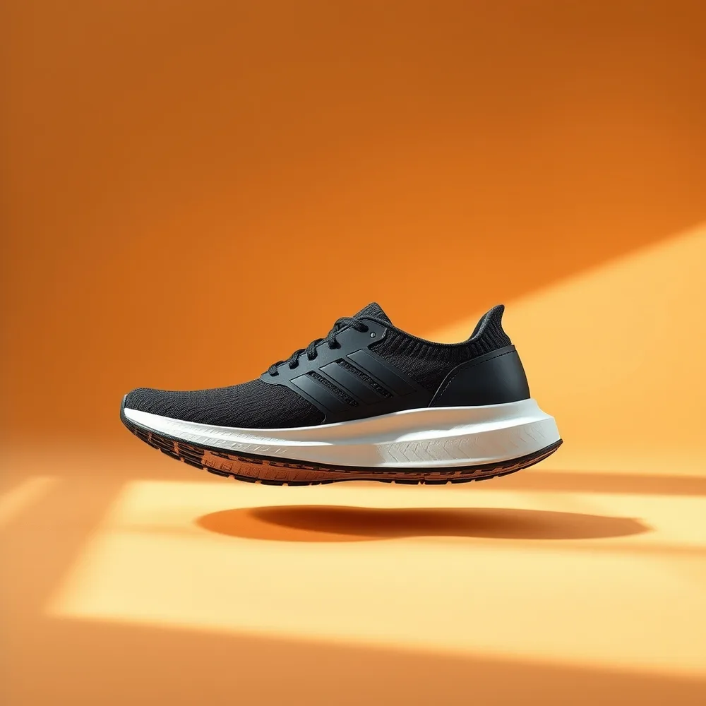 Runner Atlas Femme, chaussure running femme coloris noir, présentée sur fond crème chaud