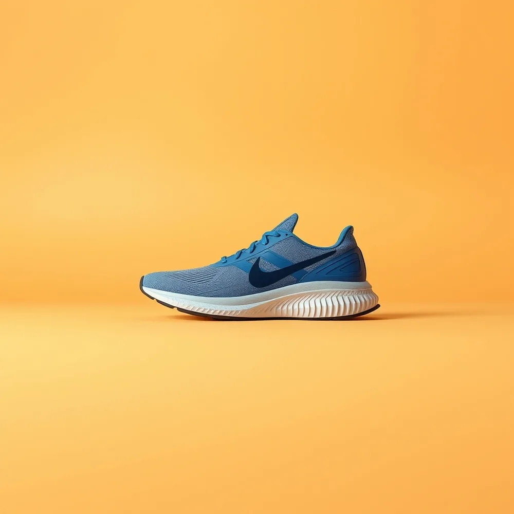 Runner Atlas Femme, chaussure running femme coloris bleu, présentée sur fond crème chaud