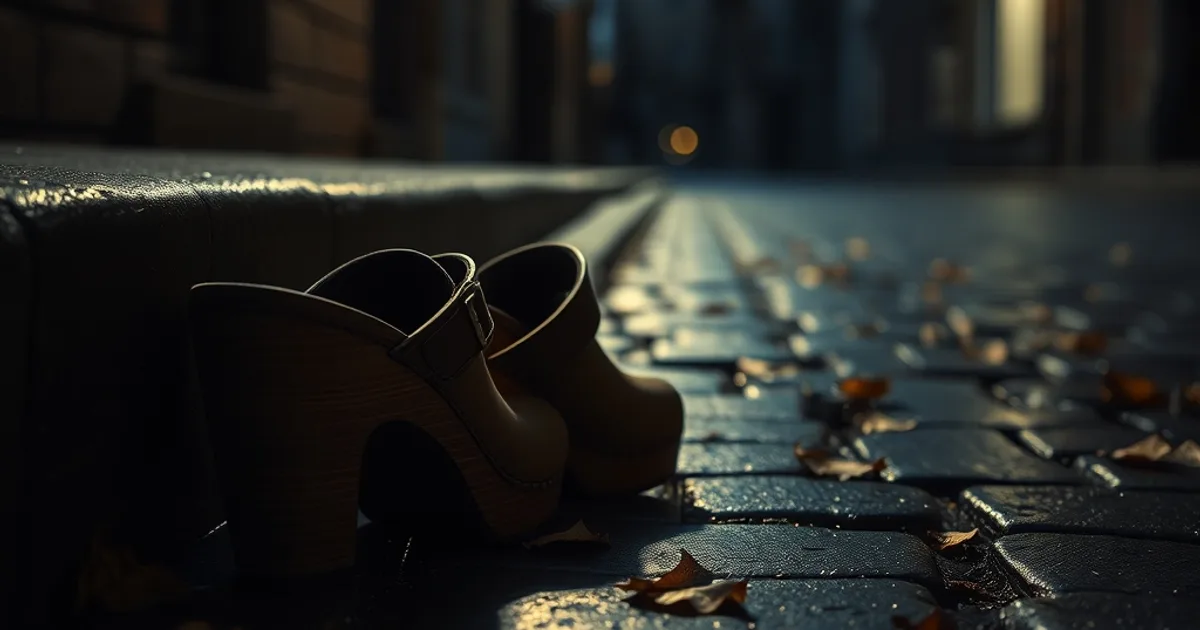 Paire de sabots à talon en bois et cuir posée sur un pavé humide au crépuscule d'automne, ambiance sombre et cinématique