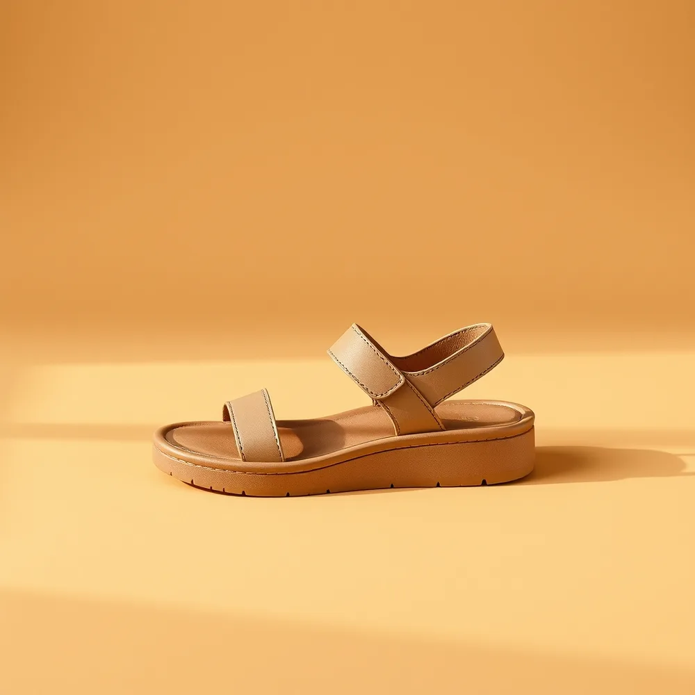 Sandale Éden, chaussures compensées femme coloris sable, présentée sur fond crème chaud