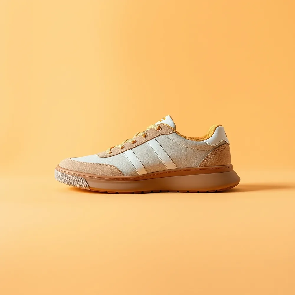 Sneaker Sahara, chaussure femme coloris sable, présentée sur fond crème chaud