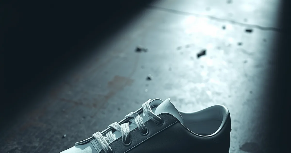 Gros plan cinématographique sur une paire de sneakers en cuir blanc posées sur un sol sombre, lumière dramatique révélant le grain naturel du cuir