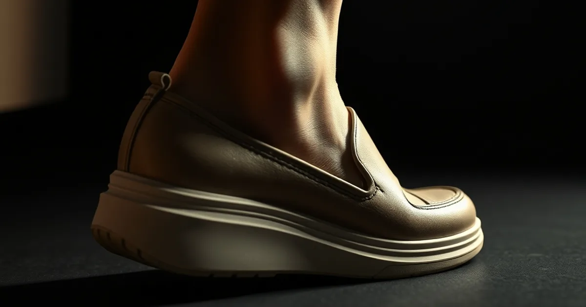 Gros plan sur un pied glissé dans une chaussure confortable à semelle épaisse, éclairage dramatique sur fond sombre