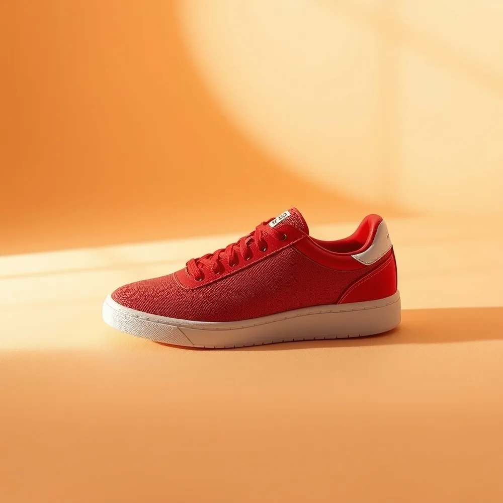 Tennis Blanche Femme, chaussures de tennis femme coloris rouge, présentée sur fond crème chaud