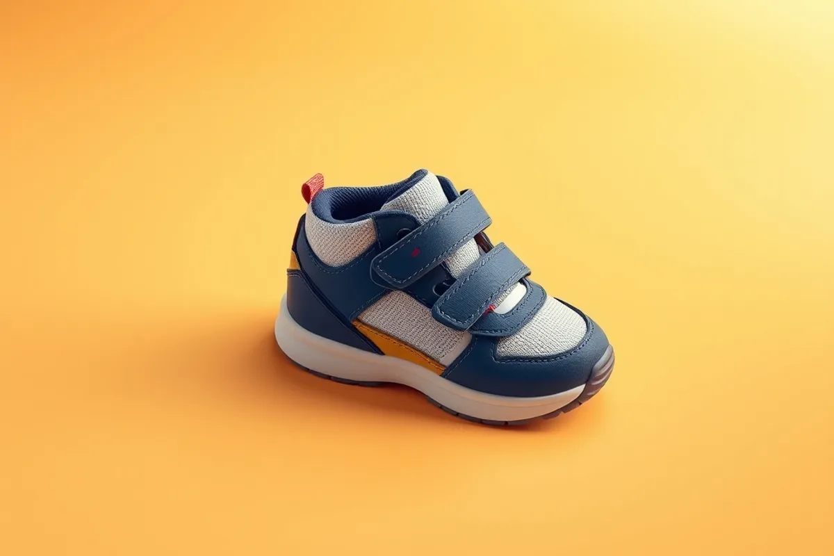 Collection de chaussures enfants VIKE présentée sur fond crème chaud