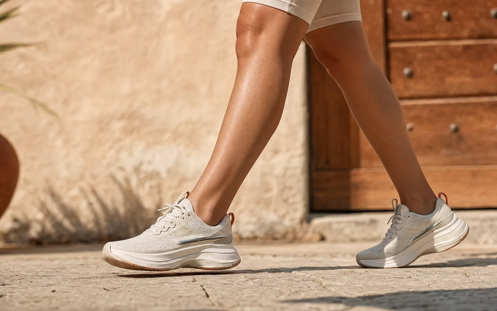 Chaussure running portée lors d’une marche active en ville, lumière naturelle chaude