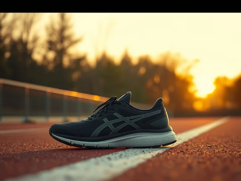 Chaussure running posée sur une piste de course, lumière naturelle chaude