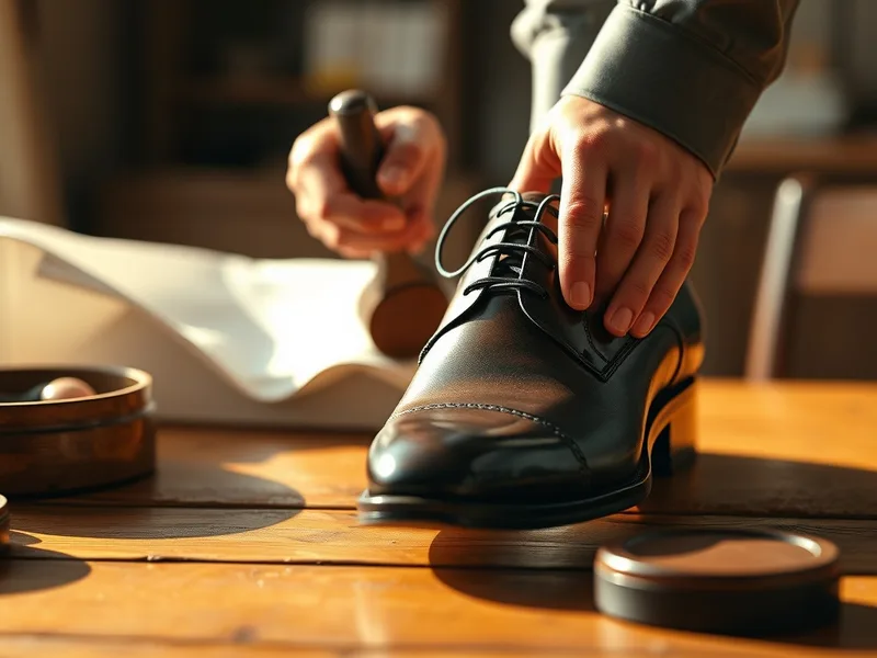Entretien d’une chaussure en cuir avec une brosse et un cirage, ambiance chaude
